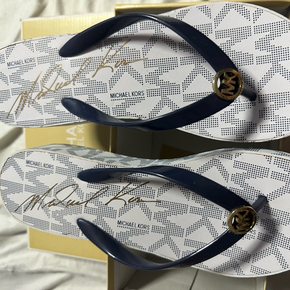 Michael Kors Navy and White Flip Flops